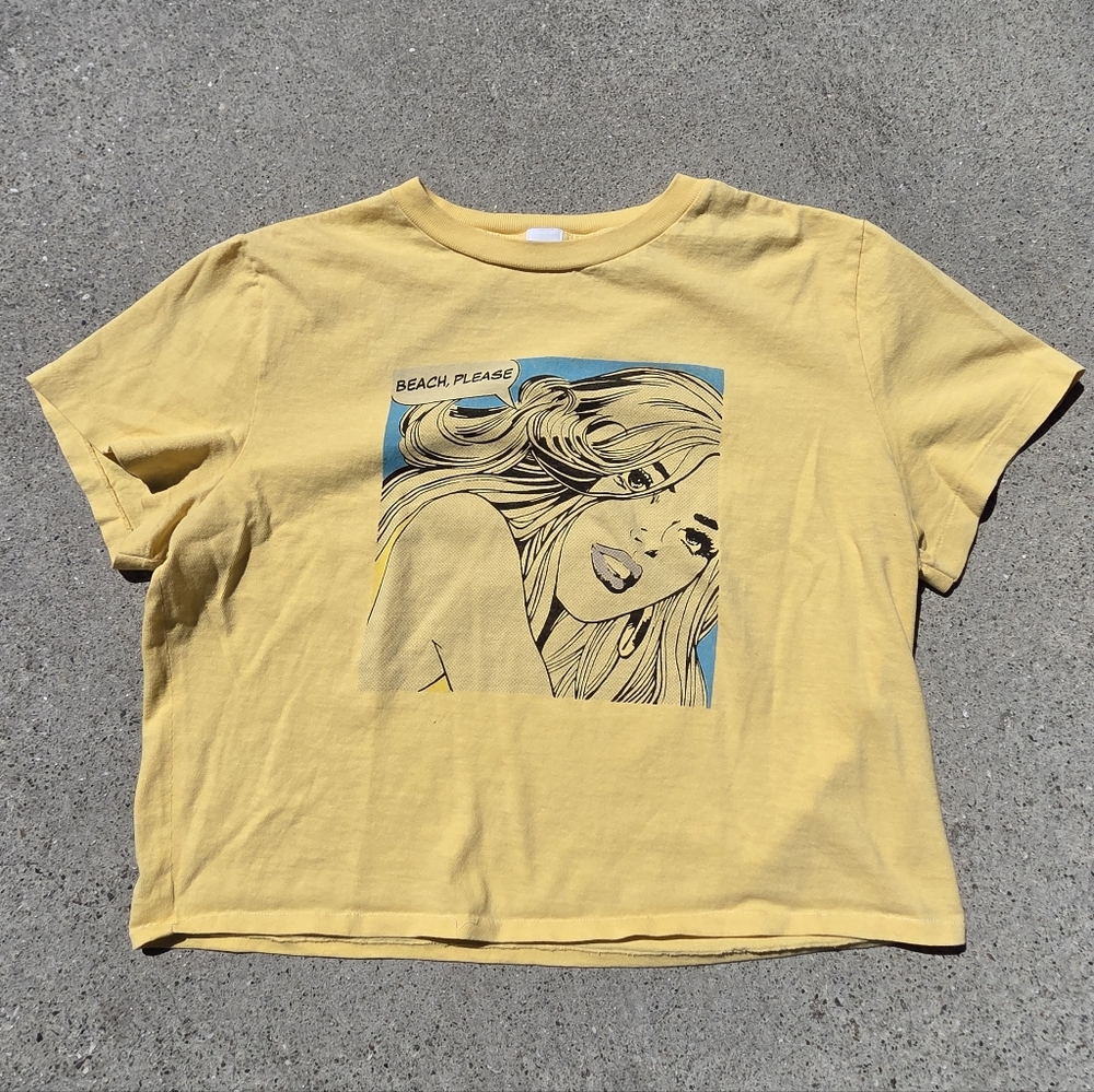 Re/Done Yellow Crop Tee with Pop Art Beach Graphic